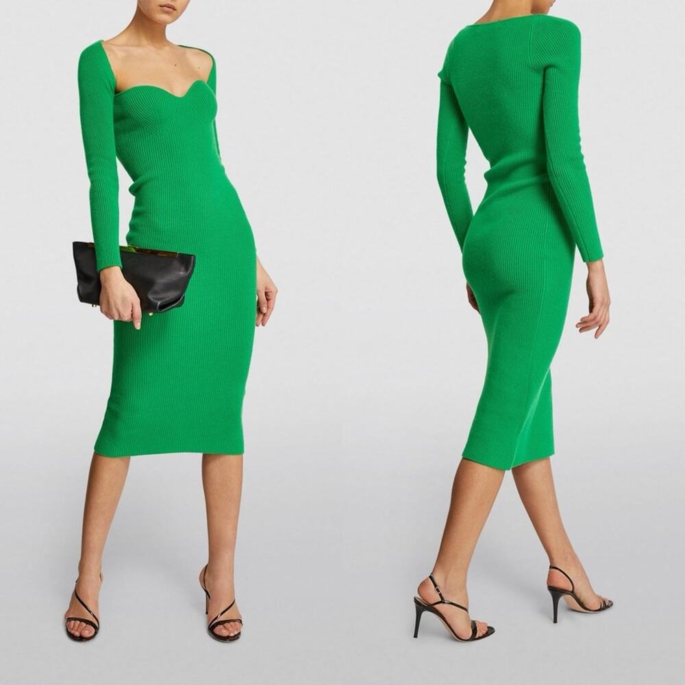 arch4 Cashmere Coco Midi Dress in Emerald Green XS stretch ribbed bodycon